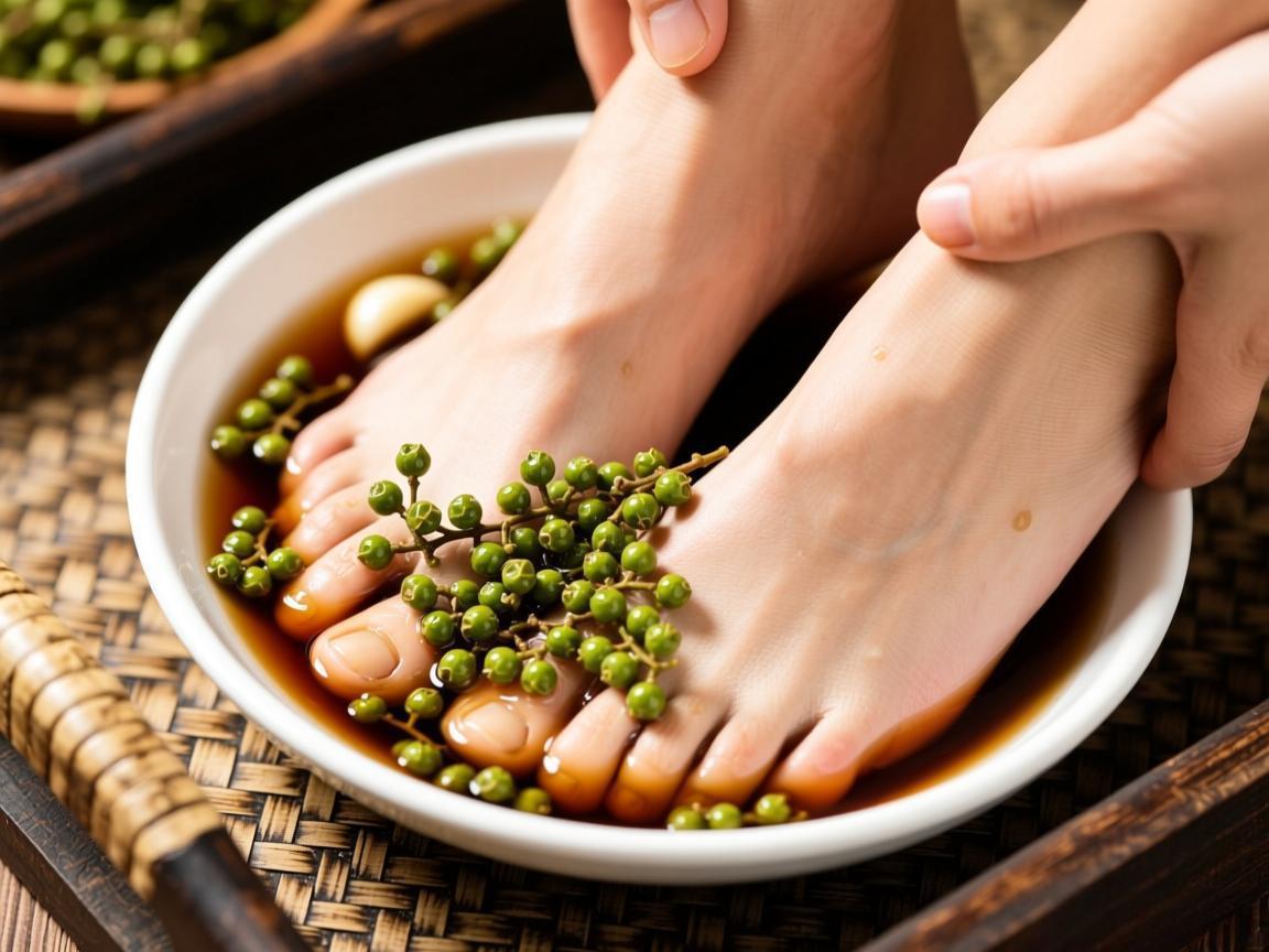 桃叶花椒蒜醋泡脚：温中散寒治疼痛